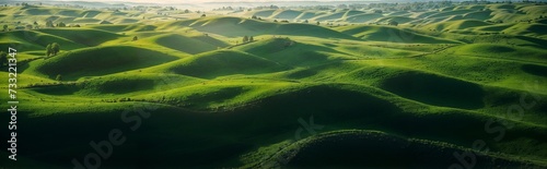 Green hills, peaceful countryside vistas, tranquil landscapes, natural haven, website header, copy space. Generative AI