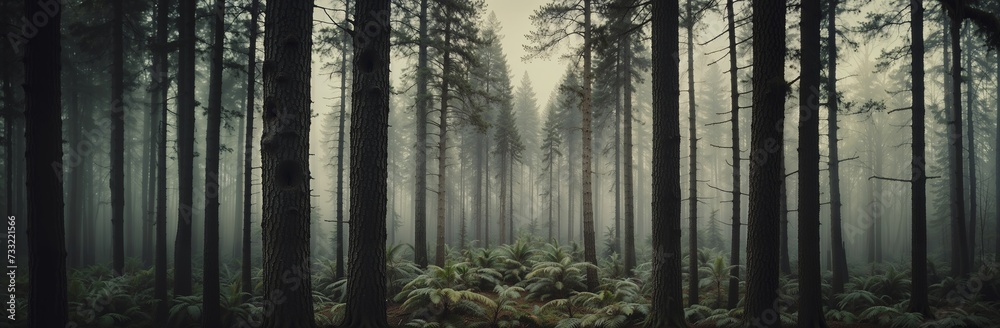 Vintage photo of dense forest enveloped in fog, with tall trees and ferns. Old-fashioned woodland landscape, misty atmosphere, nature background for website header with copy space. Generative AI - obrazy, fototapety, plakaty 