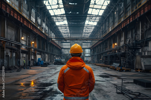 orange jacket standing in an industrial warehouse