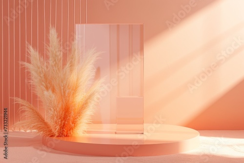 orange studio rendering with podium and minimal orange scene, minimal studio background 3d rendering geometric shape orange pastel studio.