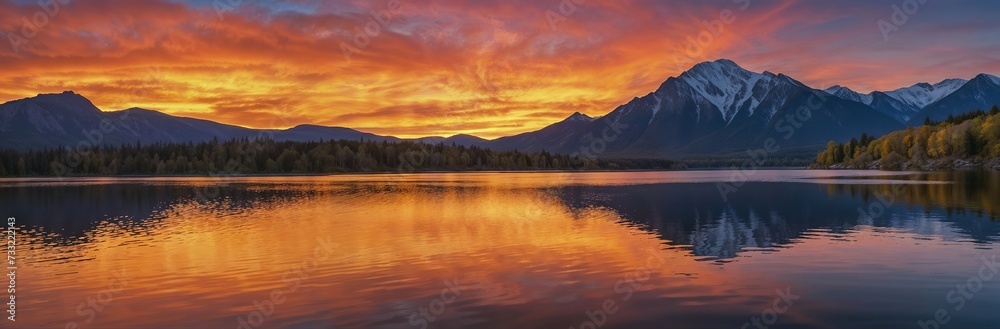 Golden sunset over the lake, distant mountains, travel and adventure concept, idyllic nature scenery, website header, copy space. Generative AI