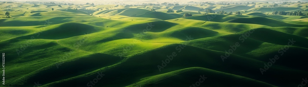 Aerial view of green fields, rolling hills, and rural environment, pure nature, pristine nature scenery, untouched wilderness, website header, copy space. Generative AI
