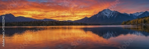 Golden sunset over the lake  distant mountains  travel and adventure concept  idyllic nature scenery  website header  copy space. Generative AI