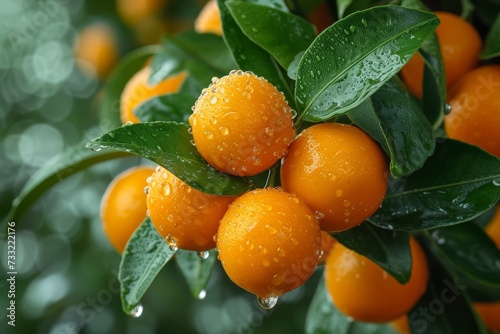 Kumquats foliage and oval fruits on kumquat tree. Many ripe kumquat fruits.