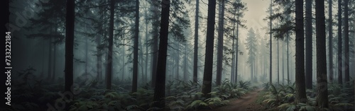 Misty forest scene, serene woodland ambiance, ethereal foggy atmosphere, nature's tranquility, website header, copy space. Generative AI © DigitalMerchant