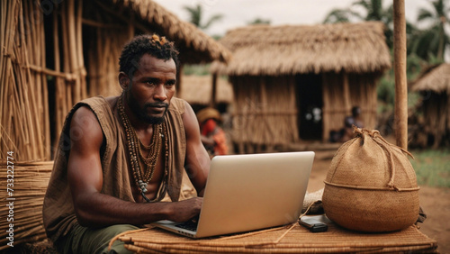 An African native man sits in his village and works on a laptop. The concept of ubiquity of the Internet and new technologies