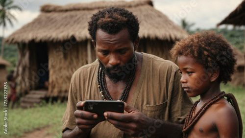 African Native Man With His Son Studying Smartphone In Their African Straw Village. Concept of digitalization of the world and wild tribes. The development of civilization.