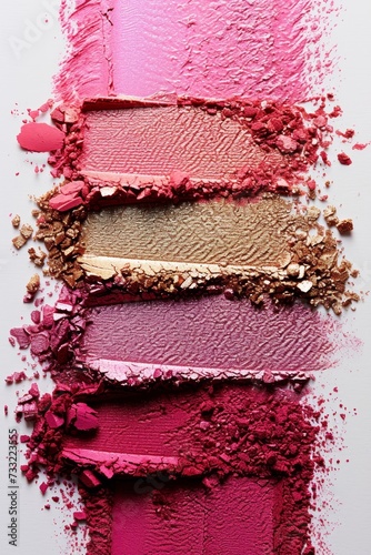 Lipstick and eyeshadow swatches in pink and gold hues on a white background