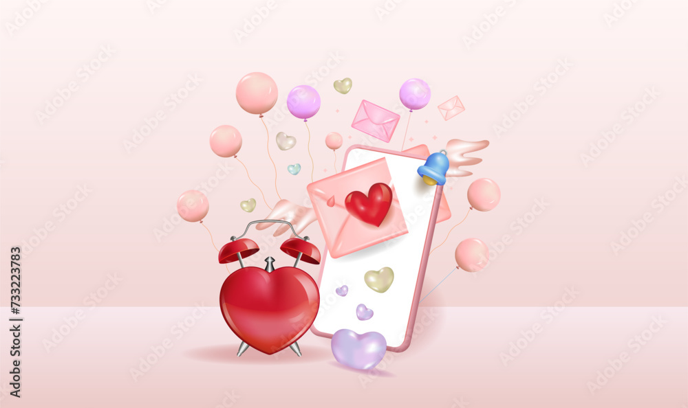 A festive banner. Pink background, calendar, balloons, heart.
A vector image. Space for copying.