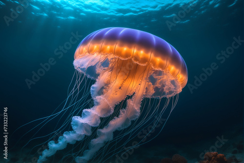 Colorful bright jellyfish swim in the depths of the sea. Huge venomous purple jellyfish with long tentacles swim in the ocean or sea