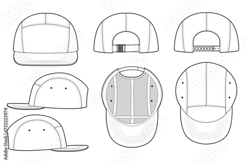 Five Panel Camp Hat Technical Drawing Illustration Blank Streetwear Mock-up Template for Design and Tech Packs CAD