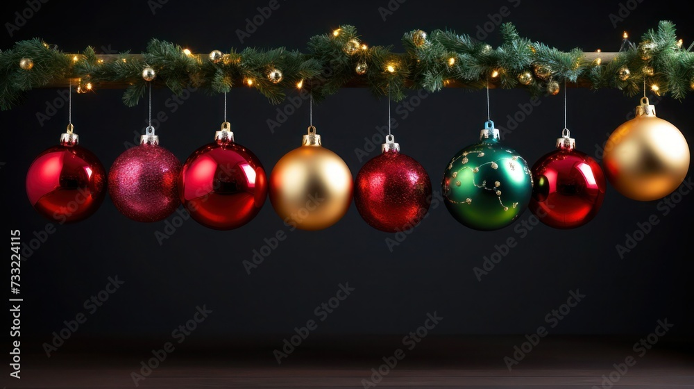 Garland of multicolored shiny Christmas balls on black background with sequins, lights and spruce needles, copy space. Garland of multicolored shiny Christmas balls on black background with sequins, lights and spruce needles, copy space.