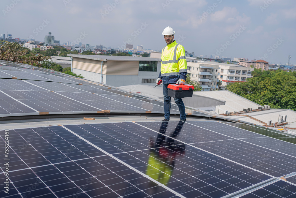Service Engineer use tablet working inspection installation solar cell on the roof. Technician maintenance solar cells on roof factory. Technology solar energy renewable. Service Engineer use tablet working inspection installation solar cell on the roof. Technician maintenance solar cells on roof factory. Technology solar energy renewable.