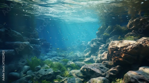 Beautiful ocean floor, algae on the rocks, suns rays break through the water column, view from the bottom.