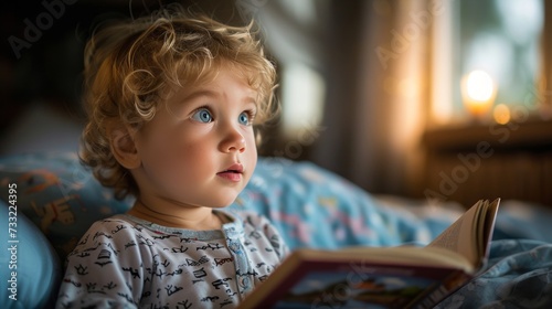 A young child in pajamas, intently listening to a bedtime story, captivated by tales of adventure