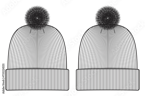 Pom Beanie Hat Knit Stocking Cap Flat Illustration Cad Accessory Winter Streetwear Mockup Blank Vector	