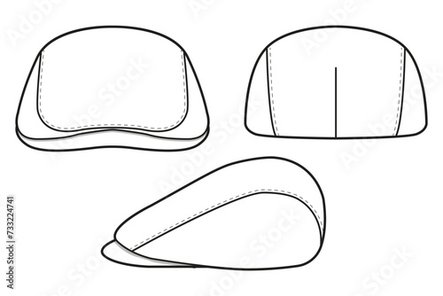 newsboy flat cap Hat Technical Drawing Illustration Blank Streetwear Mock-up Template for Design and Tech Packs CAD