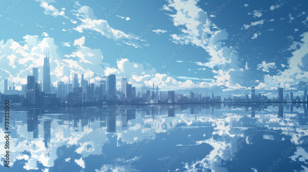 A cityscape with some clouds and reflections.