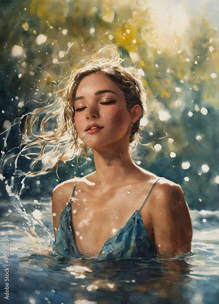 Portrait of beautiful young woman with drops of water around her face - horizontal
