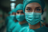 A team of doctors, dressed in surgical attire and wearing masks, working together in a medical setting.