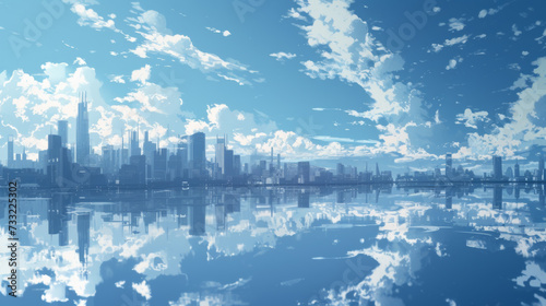 A cityscape with some clouds and reflections.