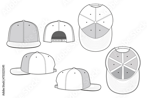 Fitted Snapback Cap Hat Vector Technical Drawing Illustration Blank Streetwear Mock-up Template for Design and Tech Packs CAD Brim Baseball Hat