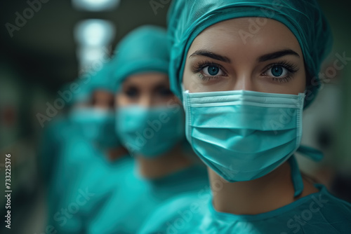 A team of doctors, dressed in surgical attire and wearing masks, working together in a medical setting.