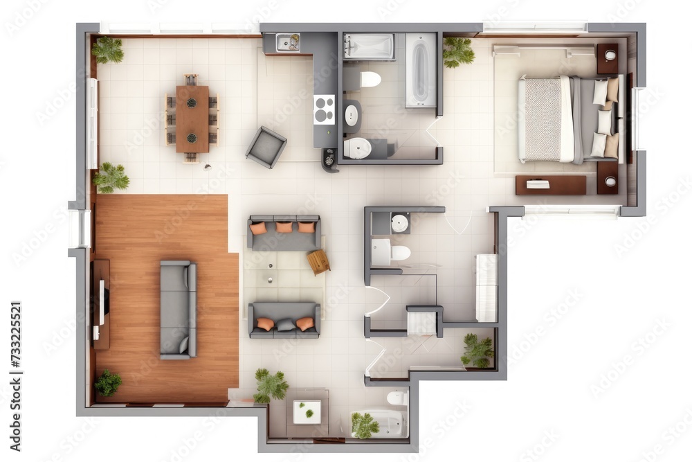 Detailed illustration of a furnished lived in single family home floor plan from above isolated on a white background, Decorated single family . Ai generated Detailed illustration of a furnished lived in single family home floor plan from above isolated on a white background, Decorated single family . Ai generated