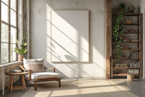 Mock up frame in bedroom interior, beige room with natural wooden furniture,  © Glce