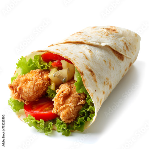 Tortilla wrap with fried chicken meat and vegetables isolated on white background, close up