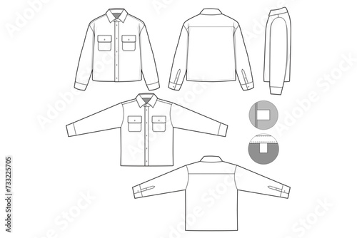 cropped flannel Collared Button Shirt Long Sleeve Flat Technical Drawing Illustration Blank Streetwear Mock-up Template for Design and Tech Packs CAD (ID: 733225705)