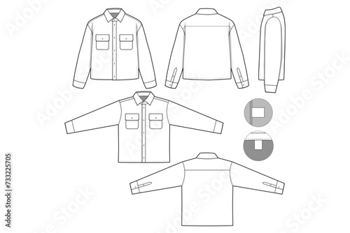 cropped flannel Collared Button Shirt Long Sleeve Flat Technical Drawing Illustration Blank Streetwear Mock-up Template for Design and Tech Packs CAD