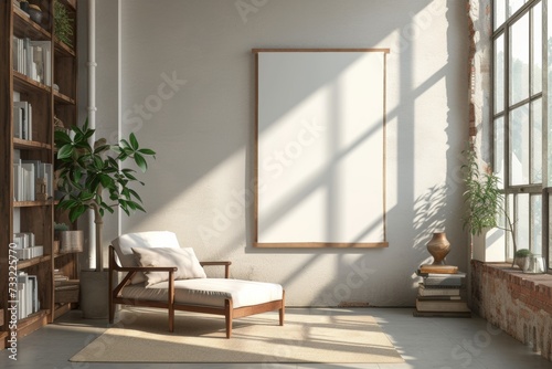 Mock up frame in bedroom interior, beige room with natural wooden furniture, 
