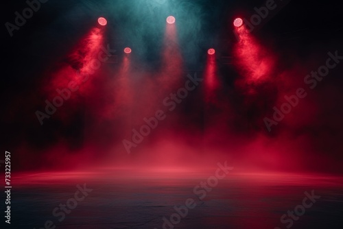 Red Smoke on a dark background. Dark empty room with rays of light  searchlight. Color correction  background.