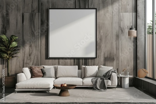 Blank white square mock up poster frame on wall in modern interior living room background