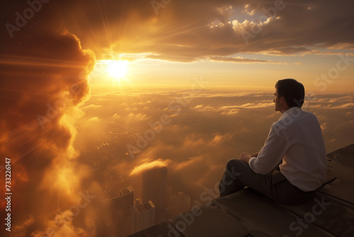 Wallpaper Mural Man Sitting on Skyscraper Rooftop Watching Sunset Torontodigital.ca