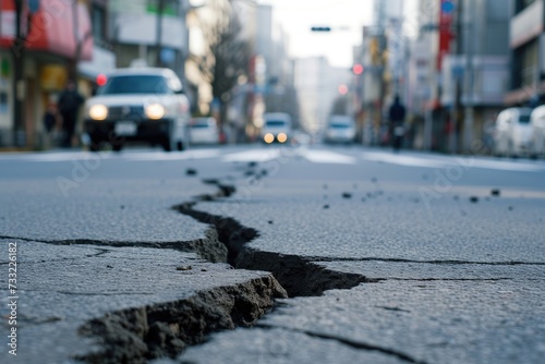 Damaged roads, potholes, long cracks on busy city roads, due to the impact of earthquakes or poor asphalt quality. The background appears blurry.