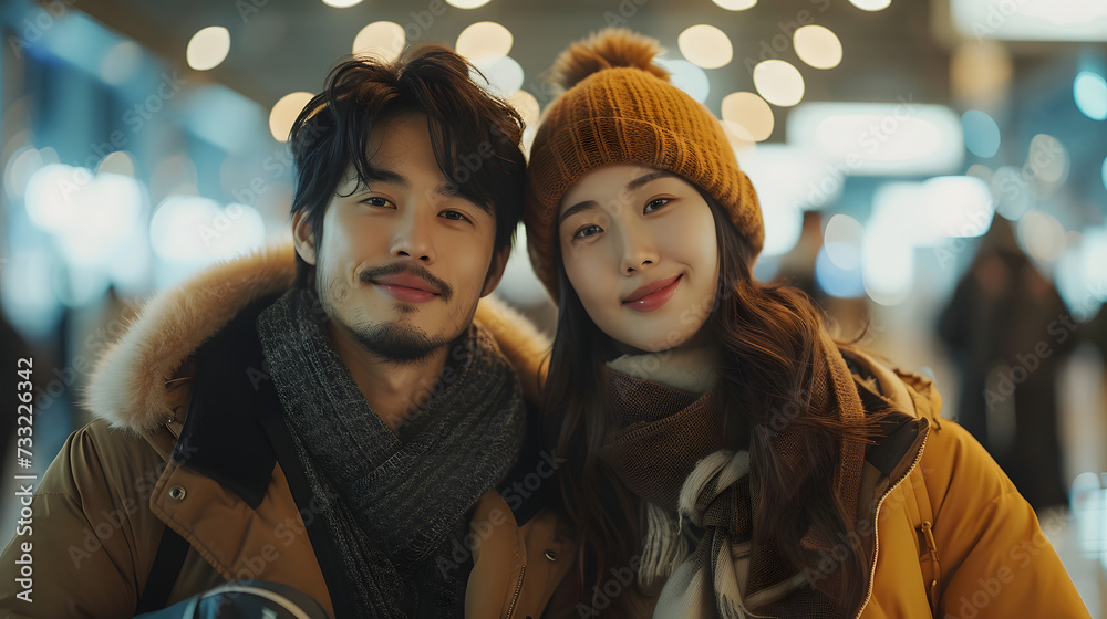 A man and a woman smile at the camera while wearing backpacks in airport A man and a woman smile at the camera while wearing backpacks in airport