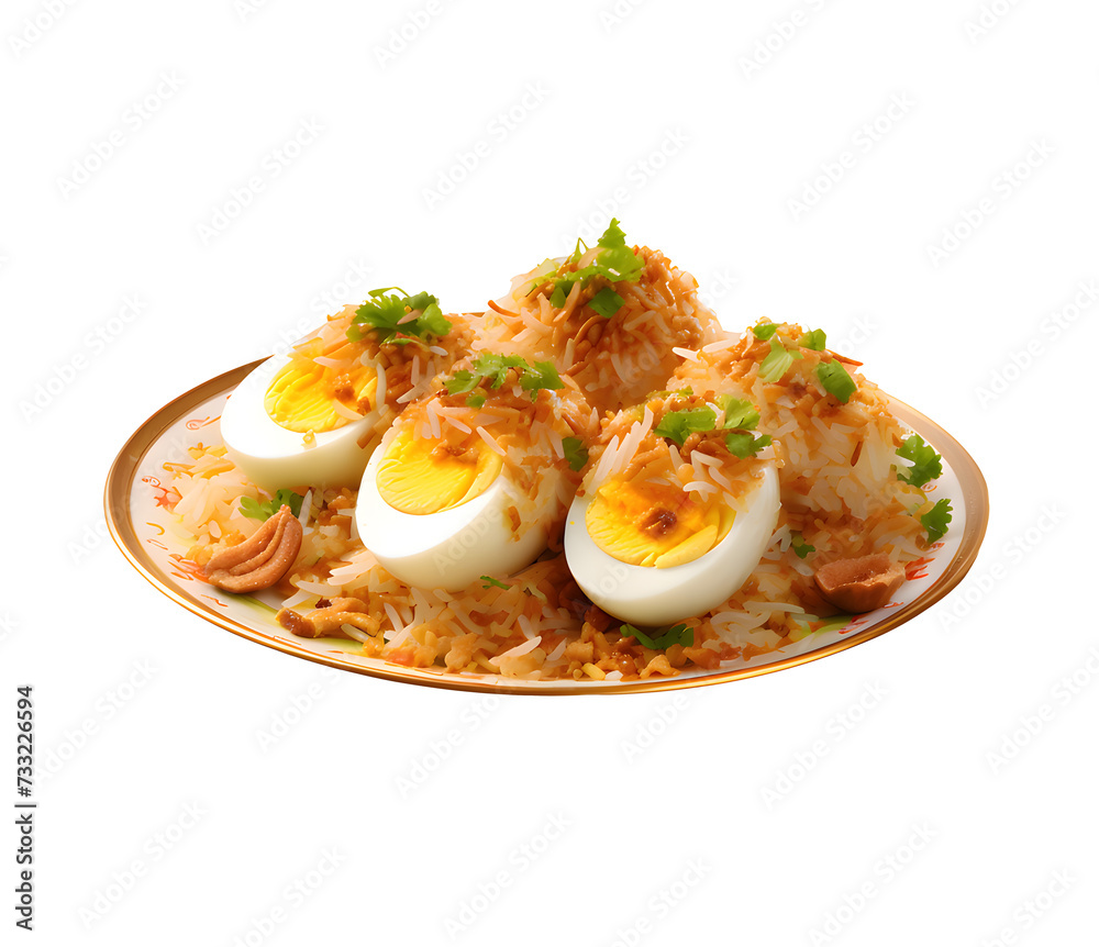 Anda biryani or egg biryani served in handi or plate on transparent background. Anda biryani or egg biryani served in handi or plate on transparent background.