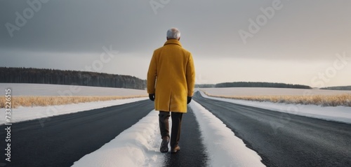 a man in a yellow coat is walking down the road in the middle of a snow - covered country side. photo