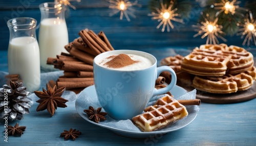A cup of coffee with cinnamon and a plate of waffles