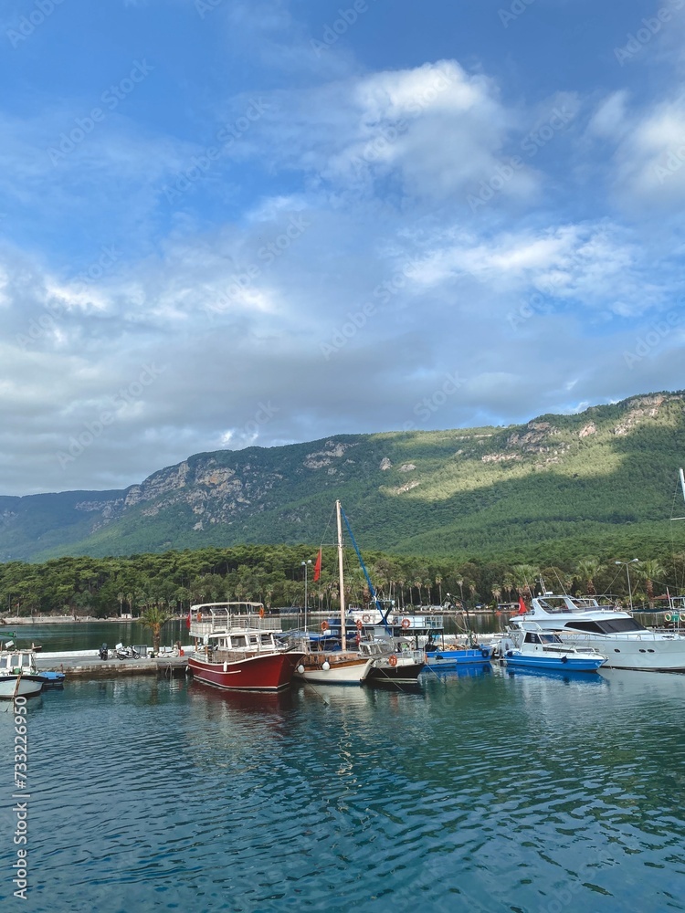 fishing boats moored in the bay against the backdrop of high green mountains