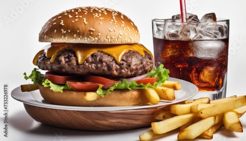 A large burger and fries on a plate with a drink
