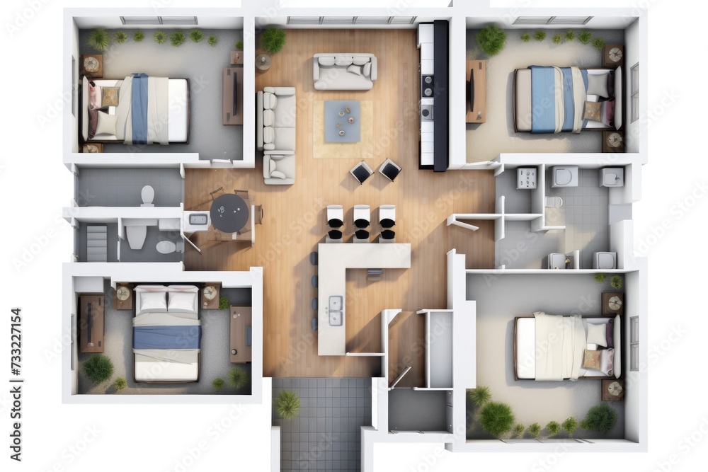 Detailed illustration of a furnished lived in single family home floor plan from above isolated on a white background, Decorated single family . Ai generated Detailed illustration of a furnished lived in single family home floor plan from above isolated on a white background, Decorated single family . Ai generated