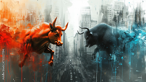 Vivid conceptual artwork of a bull and a bear facing off in a grunge urban setting