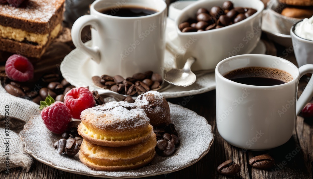A table full of coffee, pastries, and fruit