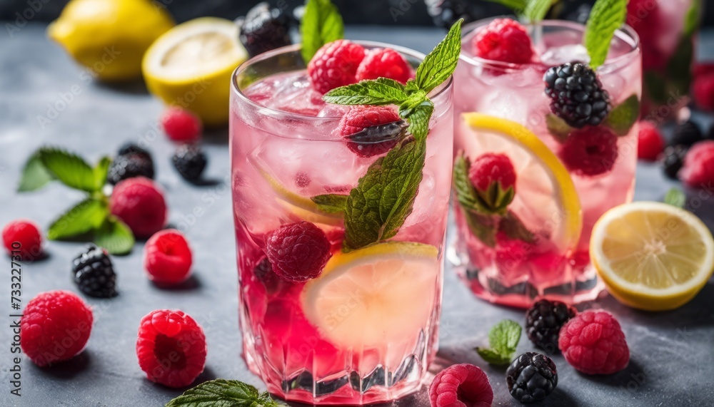 Two glasses of raspberry lemonade with lemon slices Two glasses of raspberry lemonade with lemon slices