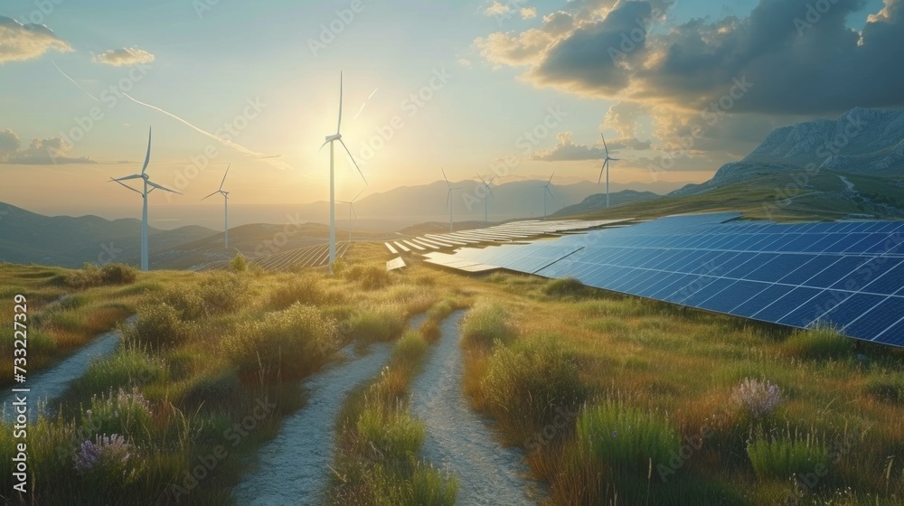 Obraz premium Next-generation renewable energy solutions such as solar panels and wind turbines harnessing clean energy sources for a sustainable future