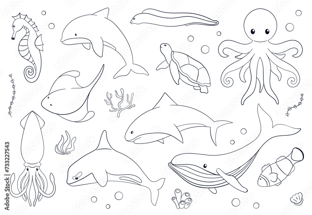 Undersea animals set in line art, flat style. Octopus, coral clown fish, dolphin, killer, whale, muraena, moray, seahorse, squid, stingray, turtle. Vector illustration isolated on a white background.
