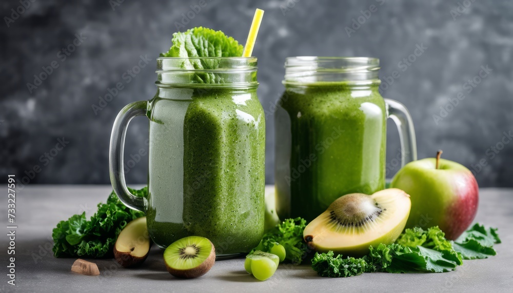 Two glass jars filled with green smoothie and fruit